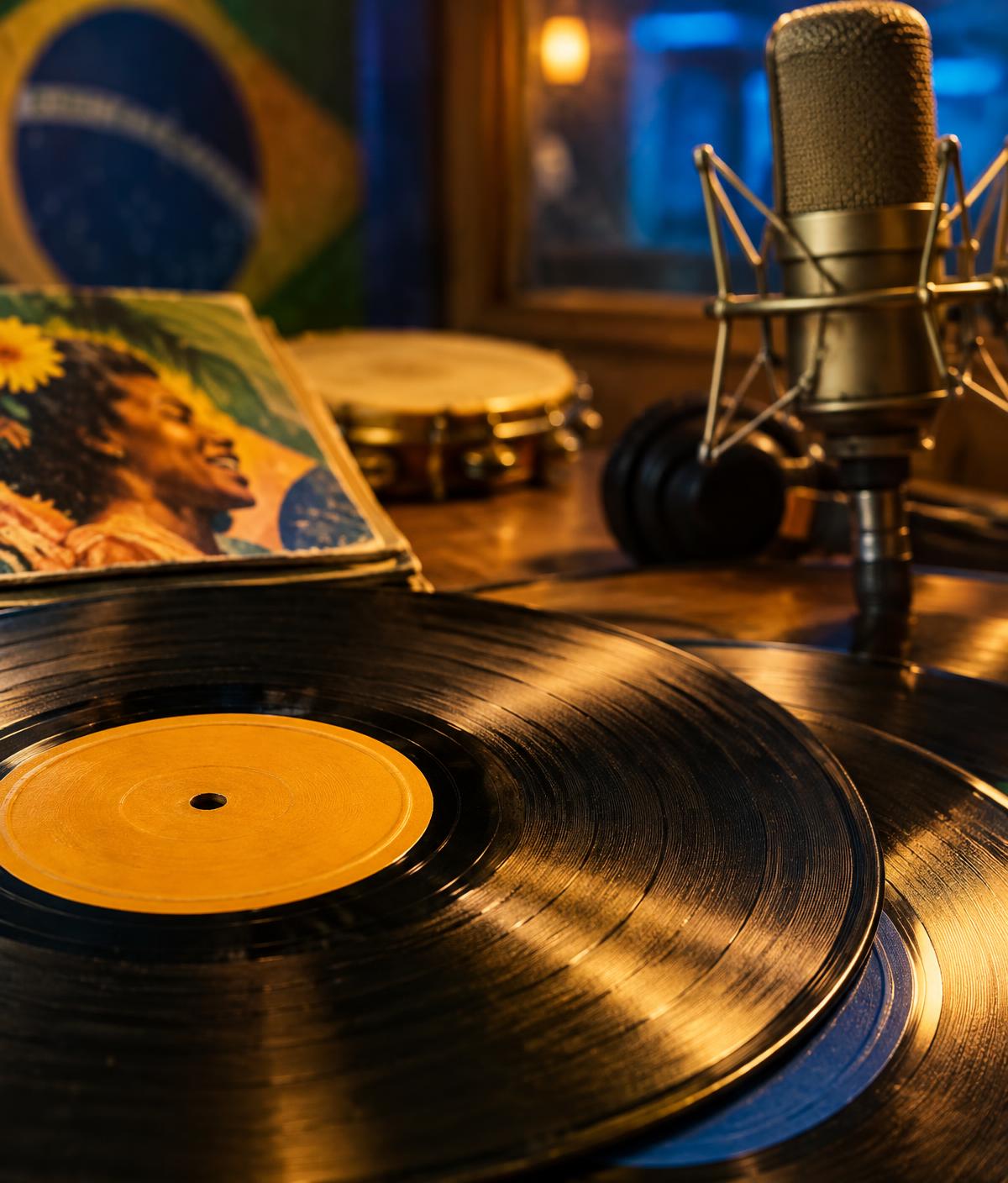 Discos de vinil e microfone de estúdio